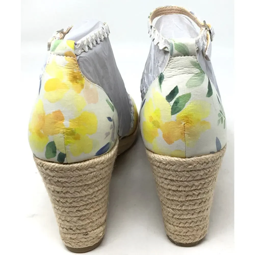 Bandolino Kendri7 Women's Sz 10M Yellow Floral Espadrille Peep Toe Wedge Sandals